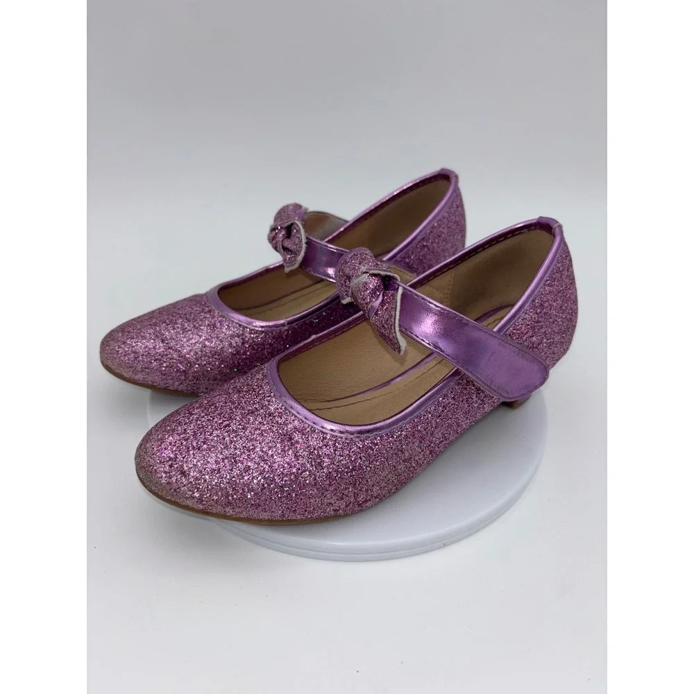GLITTER MARY JANE SHOES Girls Purple Bow Sparkle Heel Party Daddy Daughter Dance